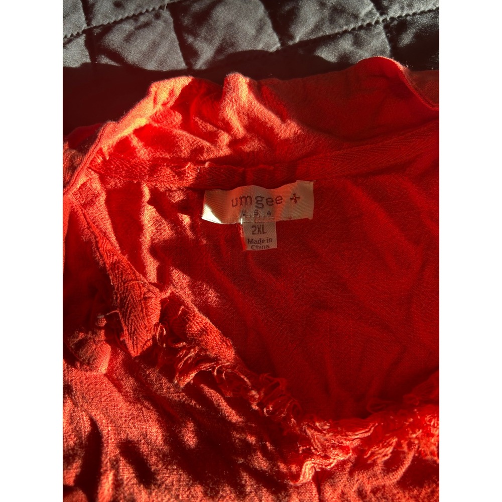 Umgee USA Womens 2XL Orange Red Fringe Trim Babydoll Boho Blouse Short Sleeve